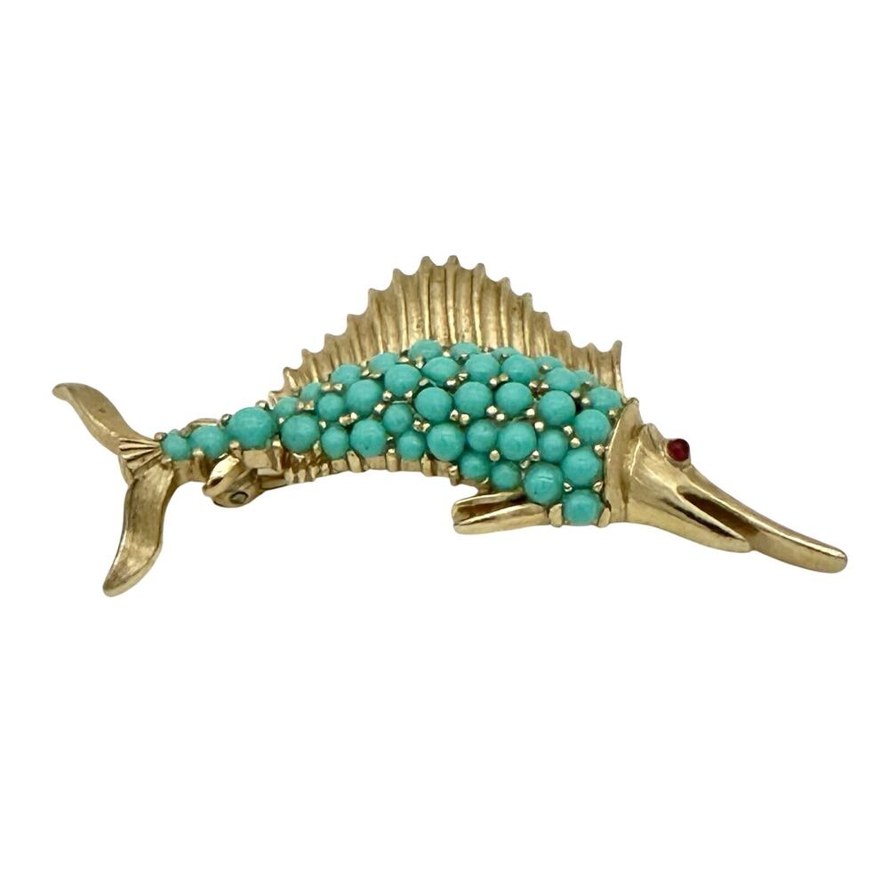 VTG Crown Trifari 1950s Turquoise Gold Tone Swordfish Marlin Brooch Pin Signed